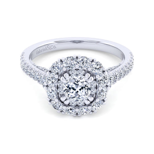 14K White Gold Cushion Double Halo Diamond Engagement Ring