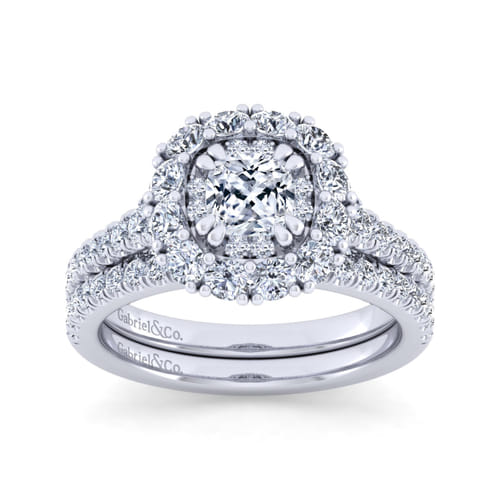 14K White Gold Cushion Double Halo Diamond Engagement Ring