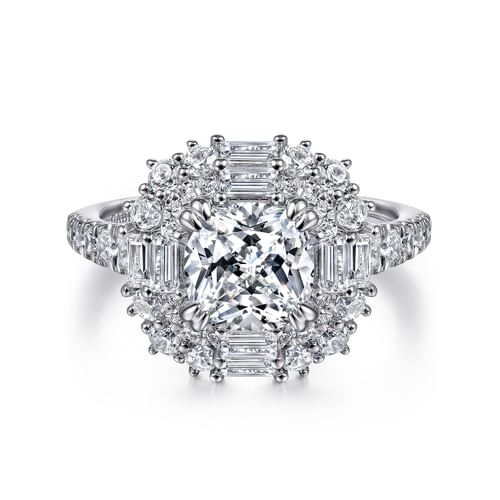 14K White Gold Cushion Double Halo Diamond Engagement Ring