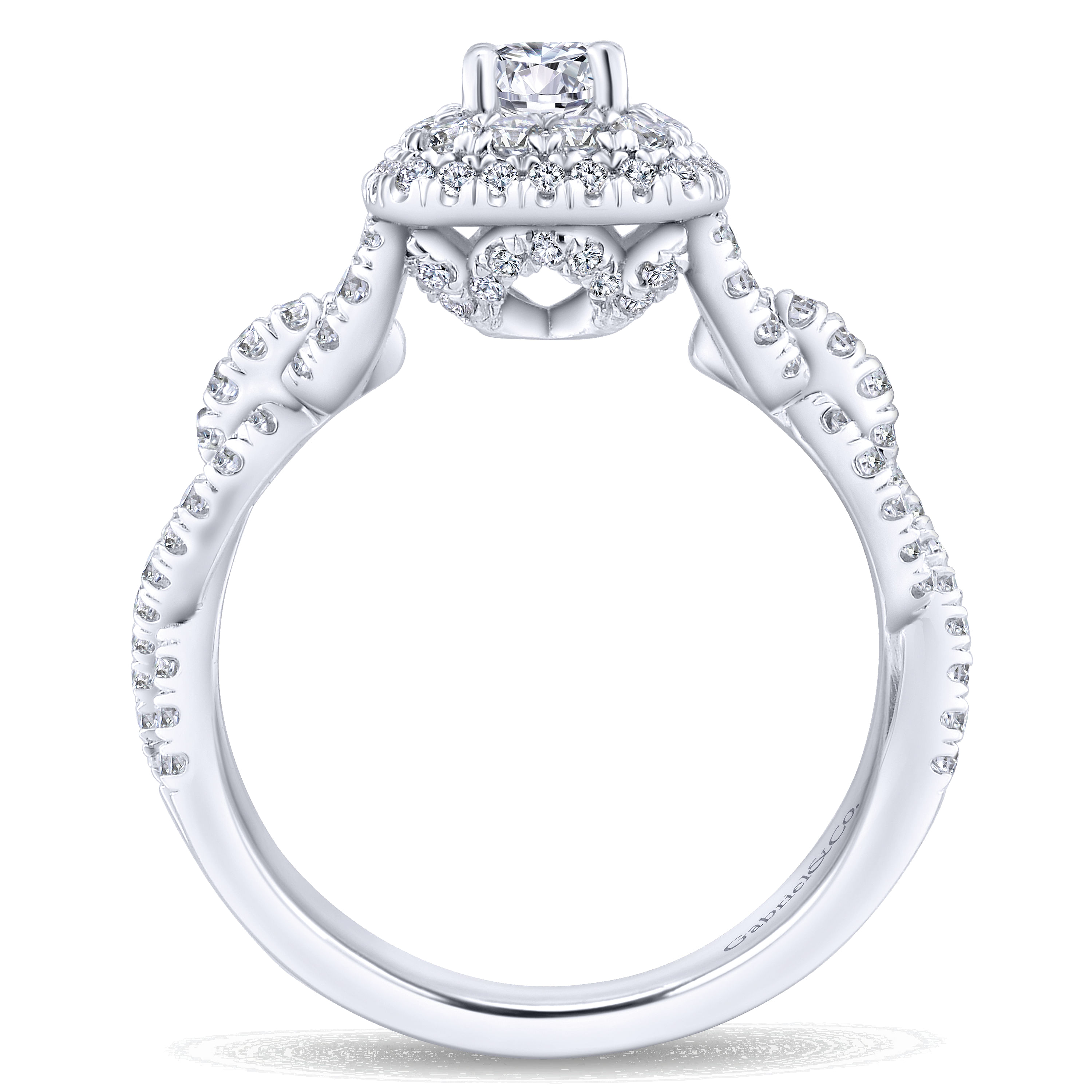 14K White Gold Cushion Double Halo Round Diamond Complete Engagement Ring