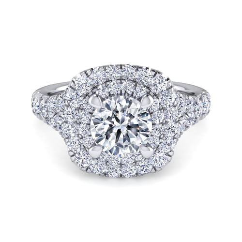 14K White Gold Cushion Double Halo Round Diamond Engagement Ring