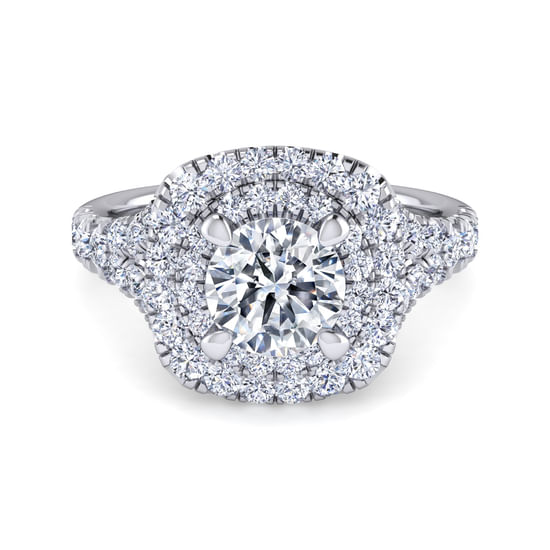 Gabriel - 14K White Gold Cushion Double Halo Round Diamond Engagement Ring