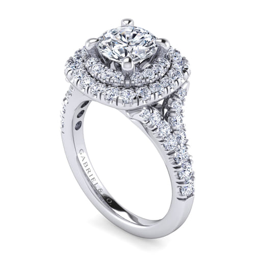 14K White Gold Cushion Double Halo Round Diamond Engagement Ring