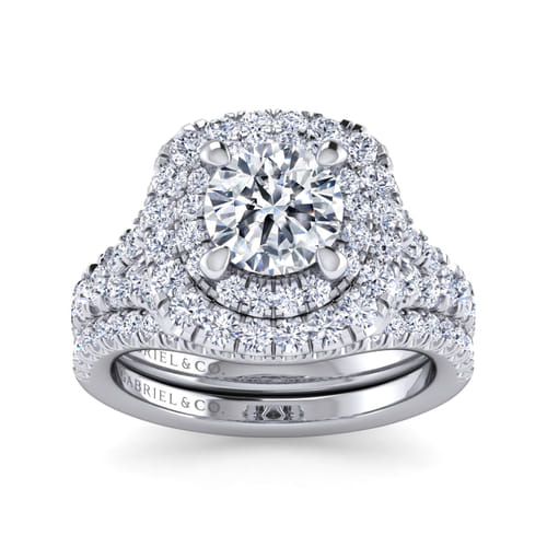 14K White Gold Cushion Double Halo Round Diamond Engagement Ring