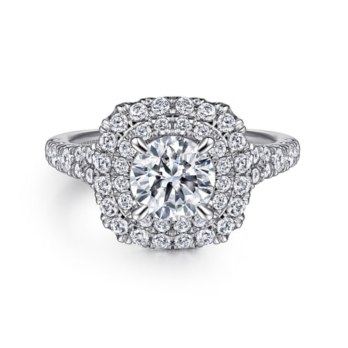 14K White Gold Cushion Double Halo Round Diamond Engagement Ring