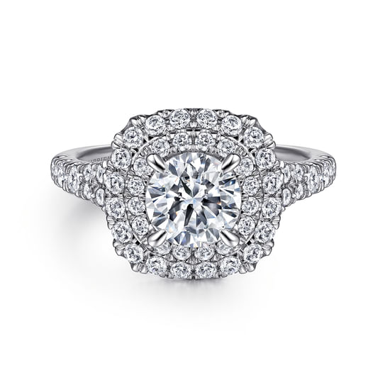 Gabriel - 14K White Gold Cushion Double Halo Round Diamond Engagement Ring
