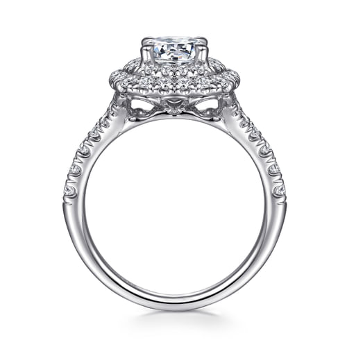 14K White Gold Cushion Double Halo Round Diamond Engagement Ring