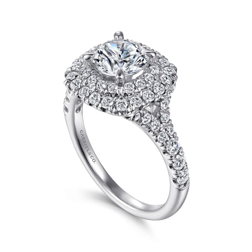 14K White Gold Cushion Double Halo Round Diamond Engagement Ring