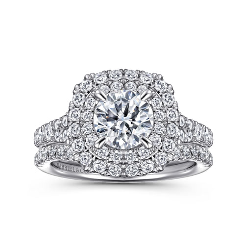 14K White Gold Cushion Double Halo Round Diamond Engagement Ring