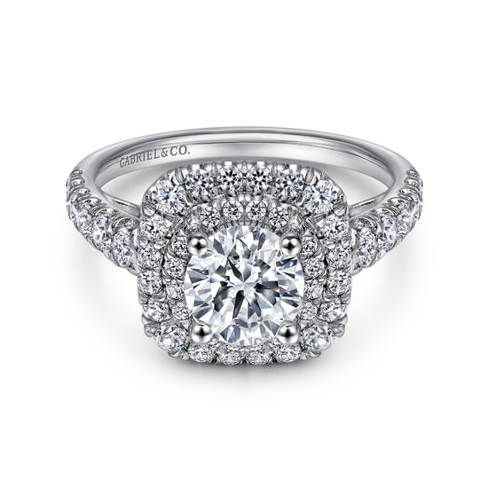 Gabriel - 14K White Gold Cushion Double Halo Round Diamond Engagement Ring