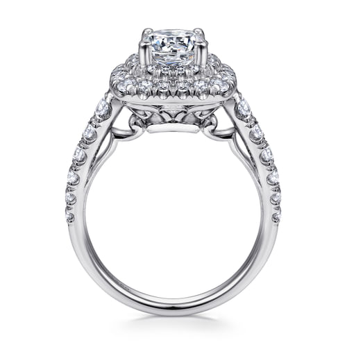 14K White Gold Cushion Double Halo Round Diamond Engagement Ring