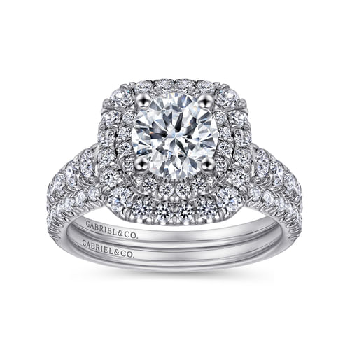 14K White Gold Cushion Double Halo Round Diamond Engagement Ring