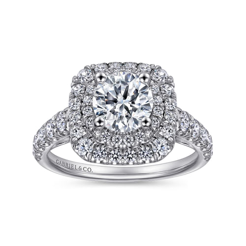 14K White Gold Cushion Double Halo Round Diamond Engagement Ring