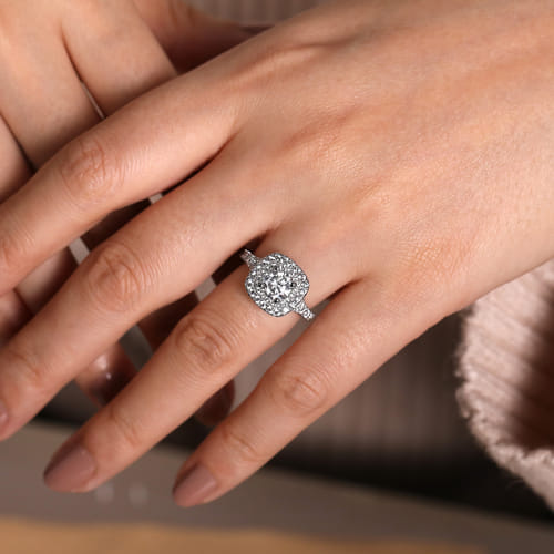 14K White Gold Cushion Double Halo Round Diamond Engagement Ring 14K White Gold Cushion Double Halo Round Diamond Engagement Ring