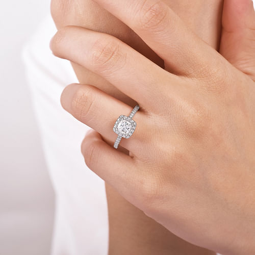 14K White Gold Cushion Halo Diamond Engagement Ring