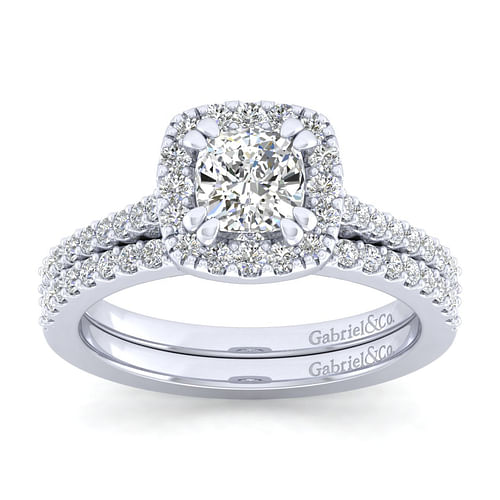 14K White Gold Cushion Halo Diamond Engagement Ring