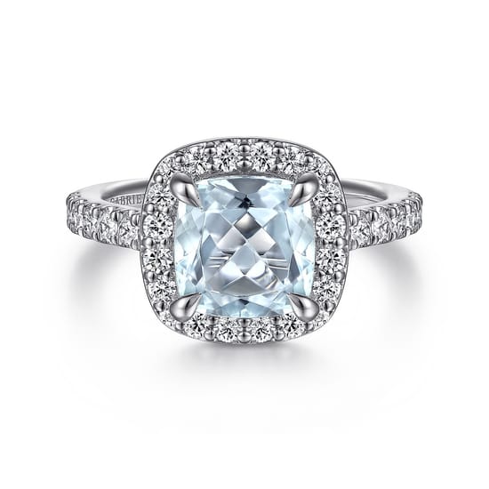 14K White Gold Cushion Halo Round Aquamarine and Diamond Engagement Ring