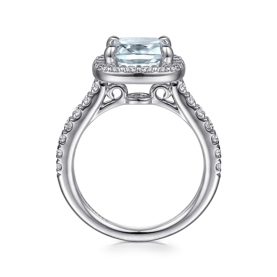14K White Gold Cushion Halo Round Aquamarine and Diamond Engagement Ring angle 2