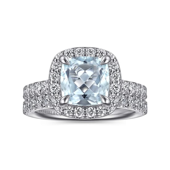 14K White Gold Cushion Halo Round Aquamarine and Diamond Engagement Ring angle 4