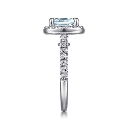 14K White Gold Cushion Halo Round Aquamarine and Diamond Engagement Ring angle 5