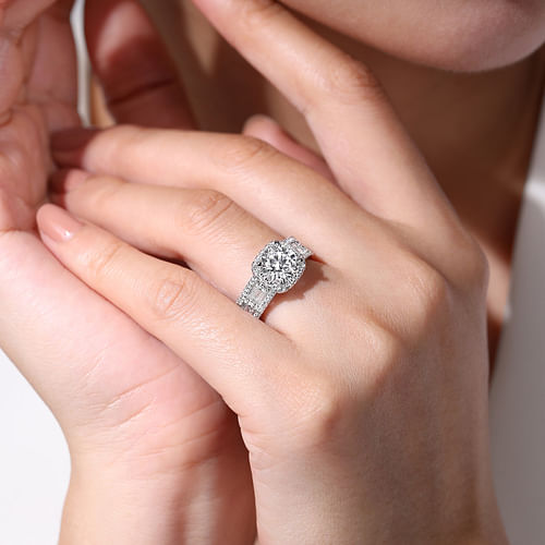 14K White Gold Cushion Halo Round Diamond Channel Set Engagement Ring