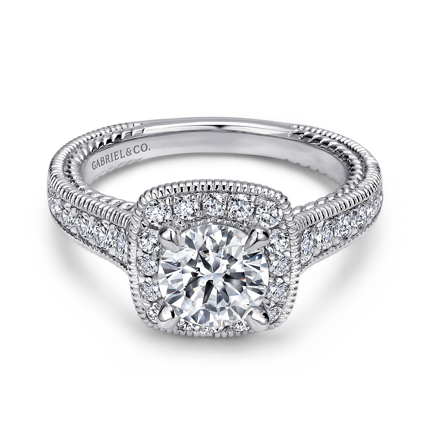 Gabriel - 14K White Gold Cushion Halo Round Diamond Engagement Ring