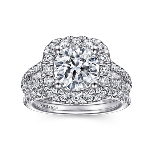 14K White Gold Cushion Halo Round Diamond Engagement Ring