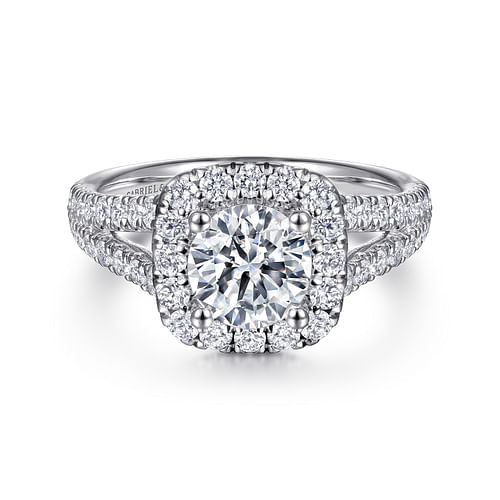 14K White Gold Cushion Halo Round Diamond Engagement Ring