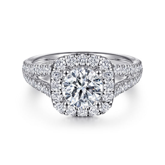 Gabriel - 14K White Gold Cushion Halo Round Diamond Engagement Ring