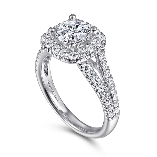 14K White Gold Cushion Halo Round Diamond Engagement Ring