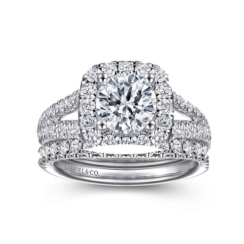 14K White Gold Cushion Halo Round Diamond Engagement Ring