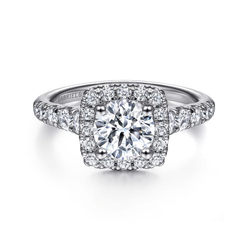 14K White Gold Cushion Halo Round Diamond Engagement Ring