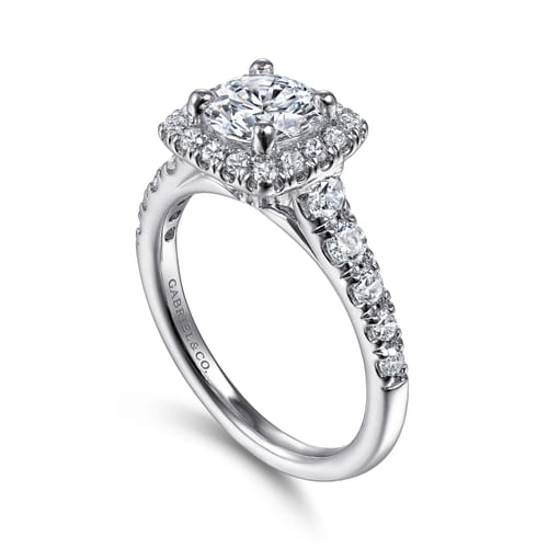 14K White Gold Cushion Halo Round Diamond Engagement Ring