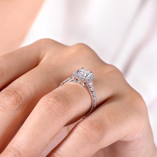 14K White Gold Cushion Halo Round Diamond Engagement Ring