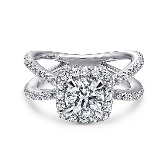 Gabriel - 14K White Gold Cushion Halo Round Diamond Engagement Ring