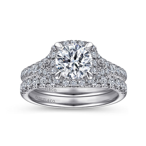 14K White Gold Cushion Halo Round Diamond Engagement Ring