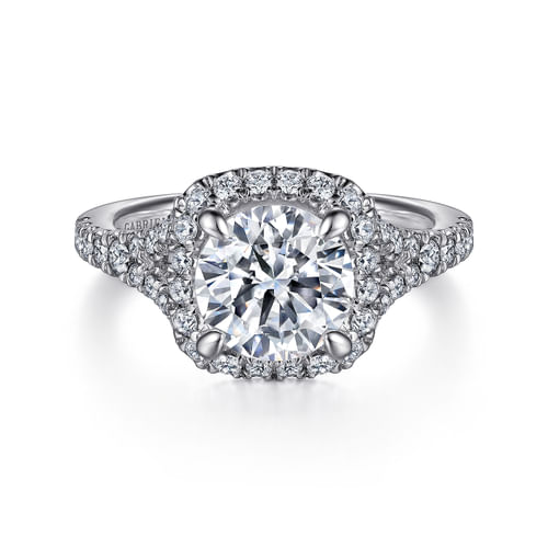 14K White Gold Cushion Halo Round Diamond Engagement Ring