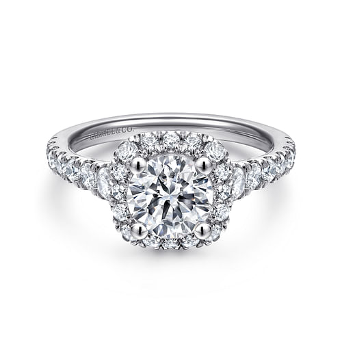 14K White Gold Cushion Halo Round Diamond Engagement Ring