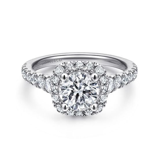 Gabriel - 14K White Gold Cushion Halo Round Diamond Engagement Ring