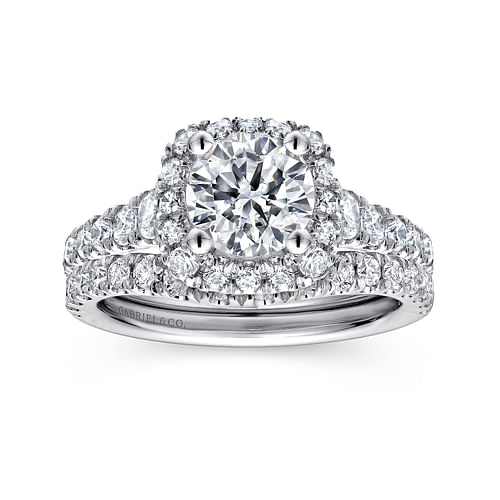 14K White Gold Cushion Halo Round Diamond Engagement Ring