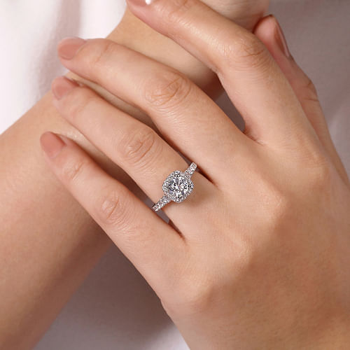 14K White Gold Cushion Halo Round Diamond Engagement Ring