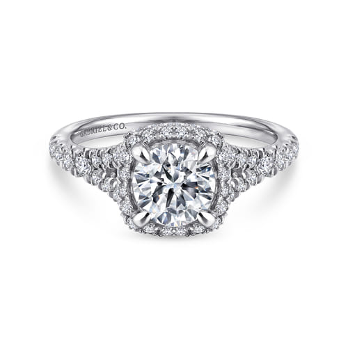 14K White Gold Cushion Halo Round Diamond Engagement Ring