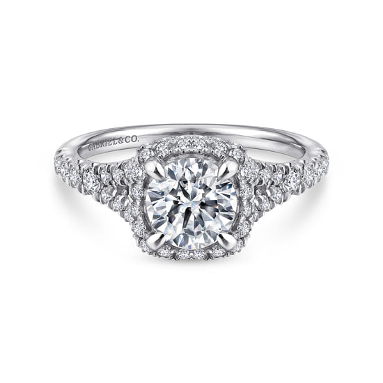 Gabriel - 14K White Gold Cushion Halo Round Diamond Engagement Ring