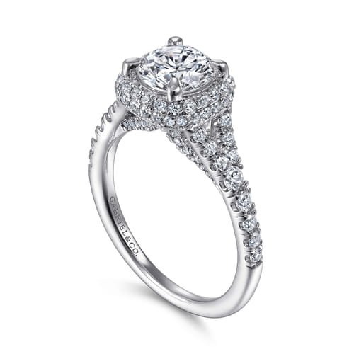 14K White Gold Cushion Halo Round Diamond Engagement Ring