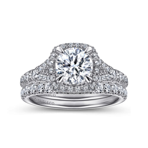 14K White Gold Cushion Halo Round Diamond Engagement Ring