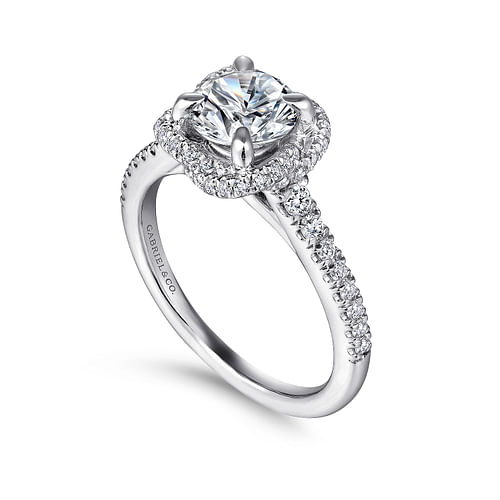 14K White Gold Cushion Halo Round Diamond Engagement Ring