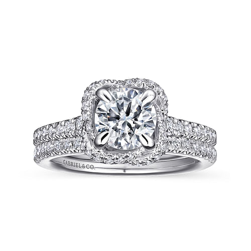 14K White Gold Cushion Halo Round Diamond Engagement Ring