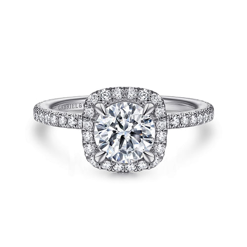 14K White Gold Cushion Halo Round Diamond Engagement Ring