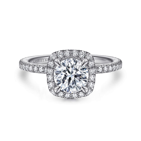 Gabriel - 14K White Gold Cushion Halo Round Diamond Engagement Ring