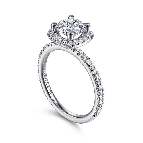 14K White Gold Cushion Halo Round Diamond Engagement Ring